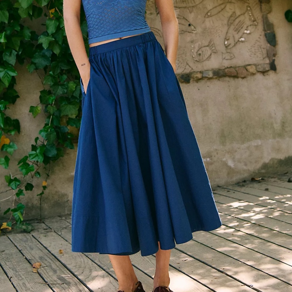FREE PEOPLE Lowen Midi Circle Skirt in Deep Seas (Navy)